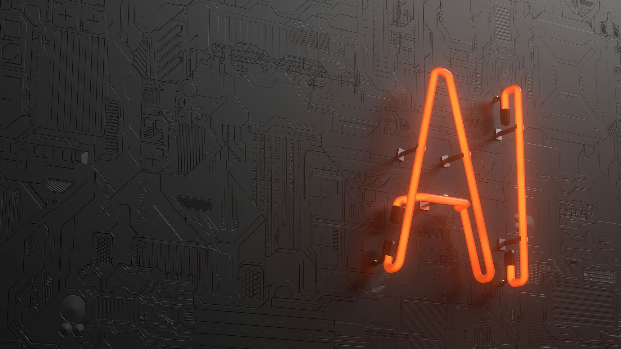 An orange neon AI sign mounted on a dark circuit board.